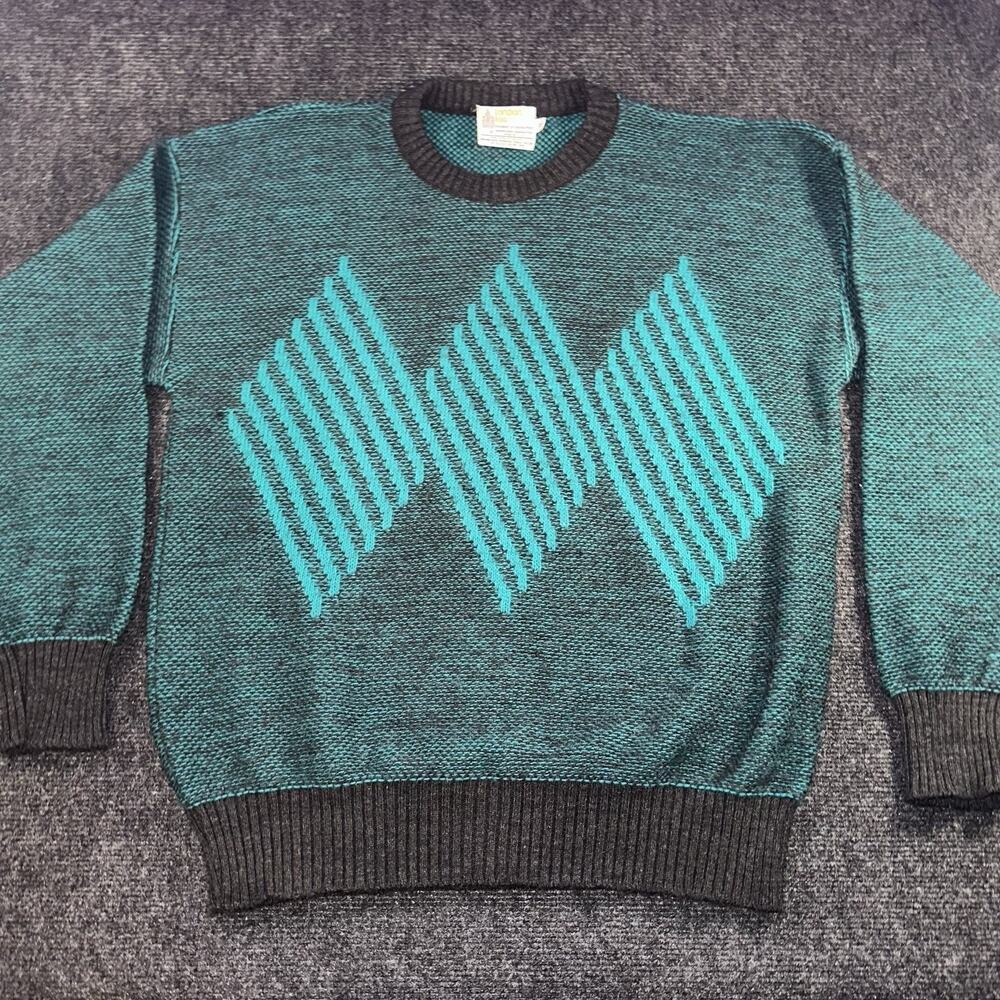 Vintage 80s London Fog Geometric Crewneck Sweater Mens XL Teal Black Made in USA